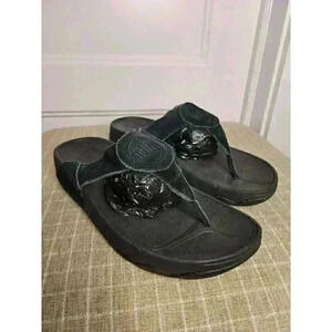 FitFlop Sandals Womens Sz 9 Oasis Thong Black Suede Casual Wedge